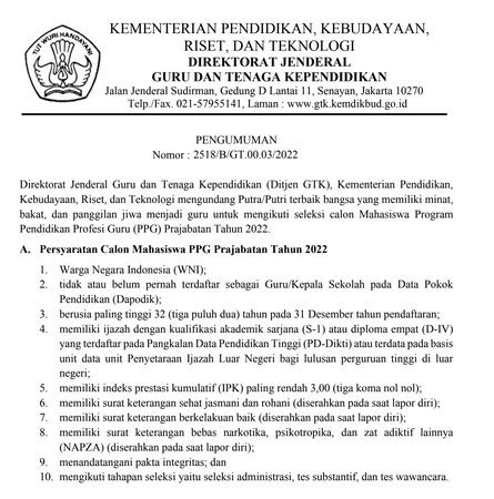 Surat Edaran Pengumuman Seleksi Calon Mahasiswa Ppg Prajabatan