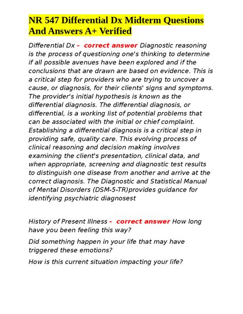 NR 547 Differential Dx Midterm Questions And Answers A Verified