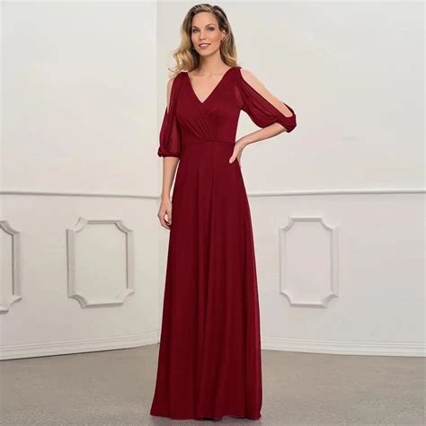 Burgundy Chiffon A Line Mother Of The Bride Dresses Floor Length