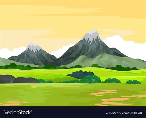 Landscape grass field view with mountain cartoon Vector Image