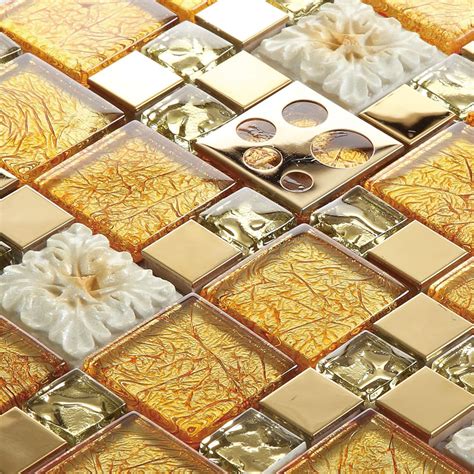 Gold Crystal Glass Mosaice Tile 304 Stainless Steel Free Shipping Wall