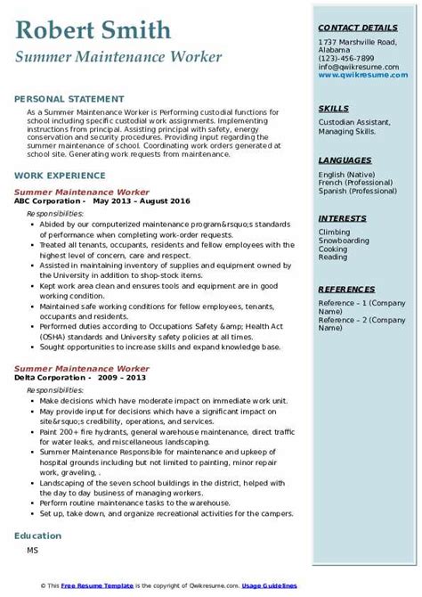 Summer Maintenance Worker Resume Samples QwikResume