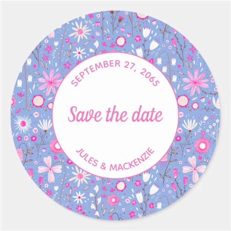 Botanical Blue Wildflower Floral Save The Date Classic Round Sticker