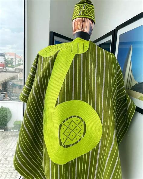 A Stripe Lemon Green And Olive Green Aso Oke Regal Agbada By Dejiandko