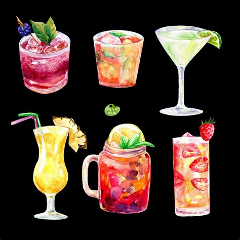 Watercolor Cocktail Clipart Graphics Png Drinks 600 Dpi Summer Party Drink Alcohol Bar Digital