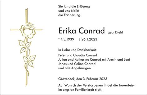 Traueranzeigen Von Erika Conrad Vrm Trauer De