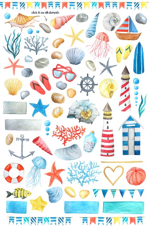 Watercolor Sea Nautical Set (10926) | Illustrations | Design Bundles