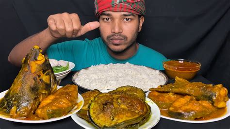 Huge Spicy Big Fish Curry Brinjal Fry Fish Gravy Rice Green Chilli