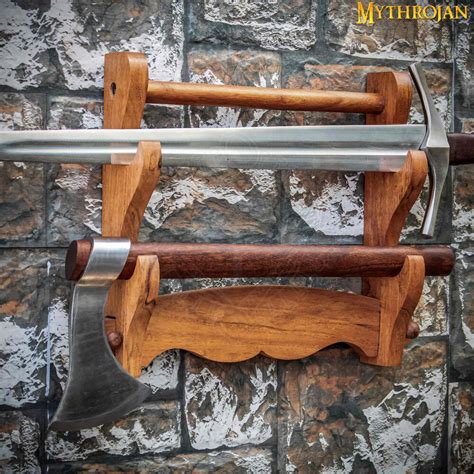 Two Tier Sword Display Wall Mount DeLuxe Solid Wood 38x30cm