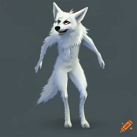 Anthropomorphic Male White Wolf With Fennec Fox Ears And Blue Eyes In