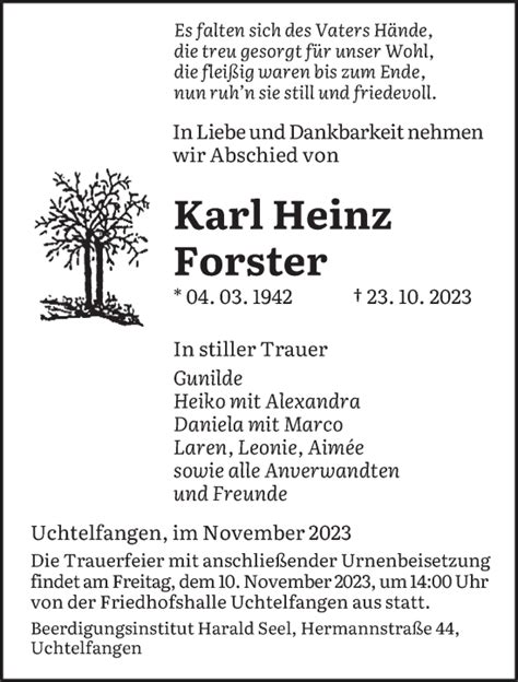 Traueranzeigen Von Karl Heinz Forster Saarbruecker Zeitung Trauer De