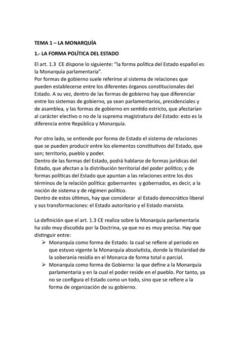 Derecho Constitucional Ii Tema 1 La MonarquÍa 1 La Forma PolÍtica Del Estado El Art 1 Ce