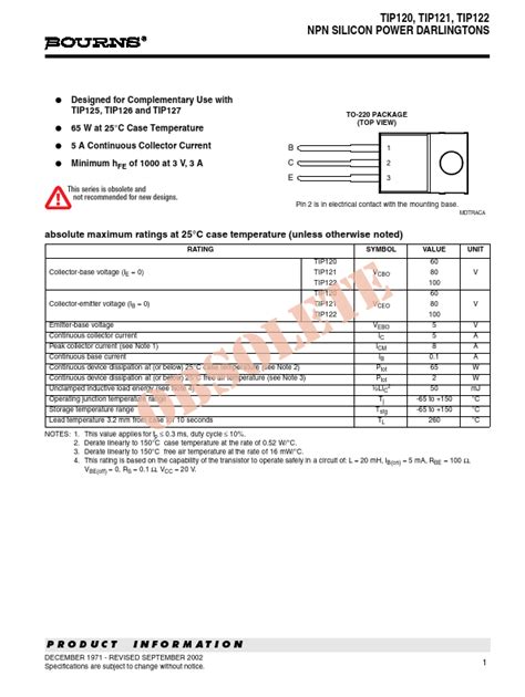 TIP122 Datasheet NPN SILICON POWER DARLINGTONS