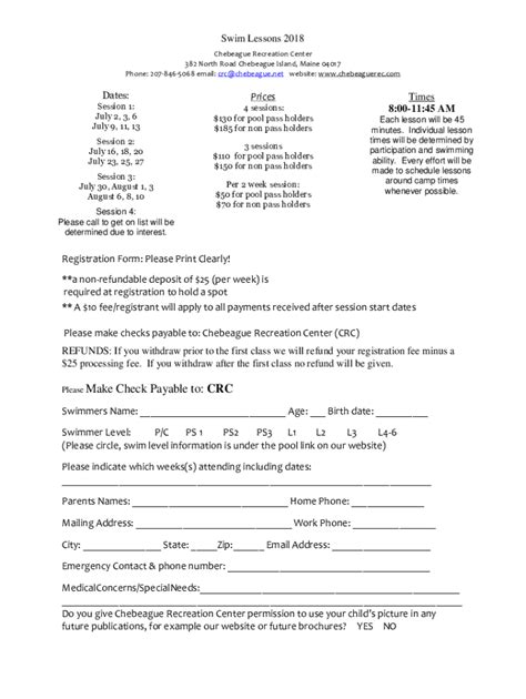 Fillable Online Welcome To The Chebeague Recreation Center Fax Email