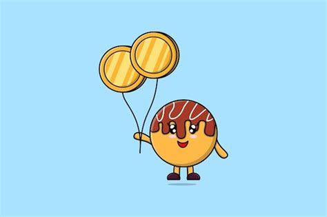 Premium Vector Cute Cartoon Takoyaki Businessman Floating With Gold Coin Balloon Cartoon