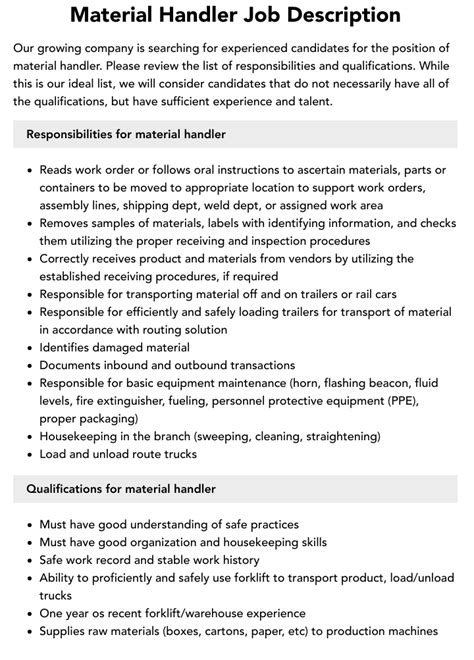 Material Handler Job Description Velvet Jobs