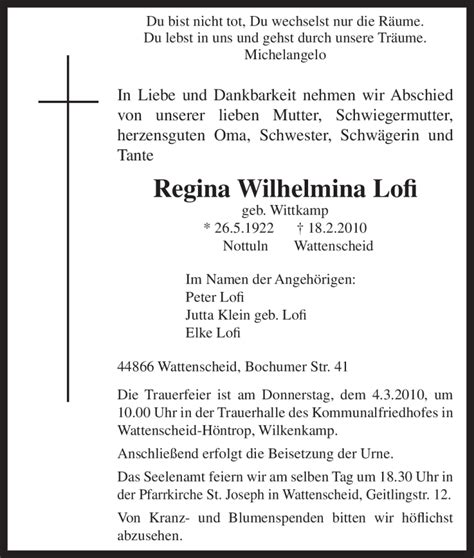 Traueranzeigen Von Regina Wilhelmina Lofi Trauer In Nrw De