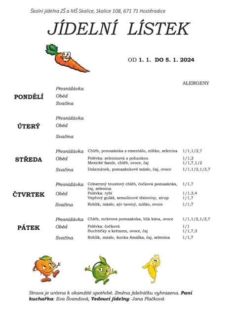 Jídelní lístek Základní a Mateřská škola Skalice příspěvková organizace