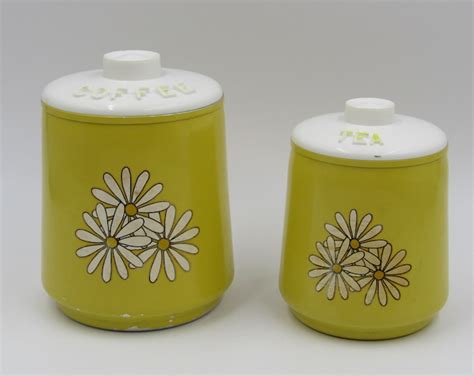 Vintage Kitchen Canister Set Yellow Coffee Tea Daisy Print Metal ...