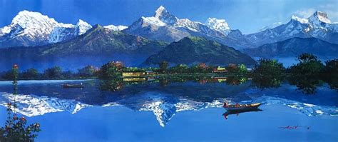 Mount Annapurna View From Fewa Lake Pokhara Nepal Original Painting In