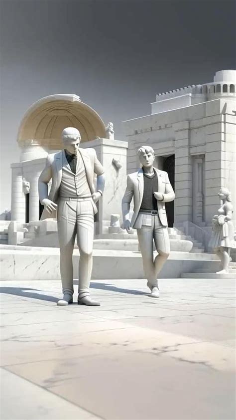 Two Statues Are Standing In Front Of A Building