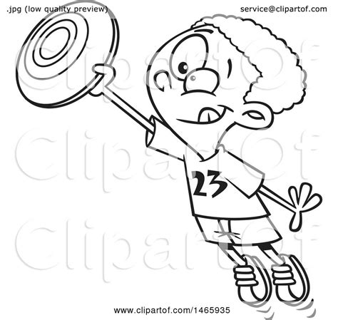 Clipart Of A Cartoon Lineart Boy Catching A Frisbee Royalty Free