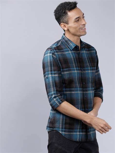 Buy Locomotive Navy Blue Blue Slim Fit Checked Casual Shirt For Men