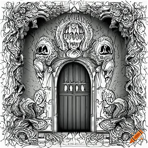 Black And White Lineart Of Demon Skull Adorned Dungeon Entrance On Craiyon