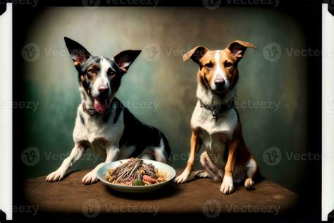 Two Dogs Sitting Next To Each Other In Front Of A Plate Of Food Ai