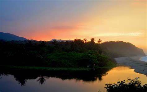 Wallpaper Pemandangan Matahari Terbenam Laut Bukit Danau Alam