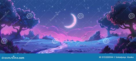 Enchanted Night Landscape With Crescent Moon Over A Stream Stock Photo