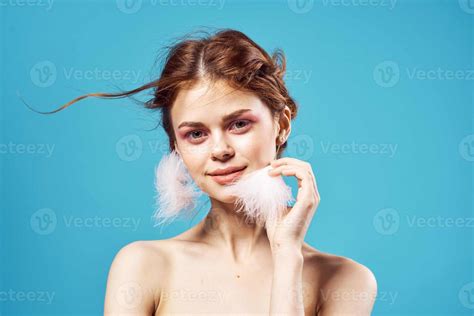 Smiling Woman Naked Shoulders Earrings Posing Blue Background 22065888