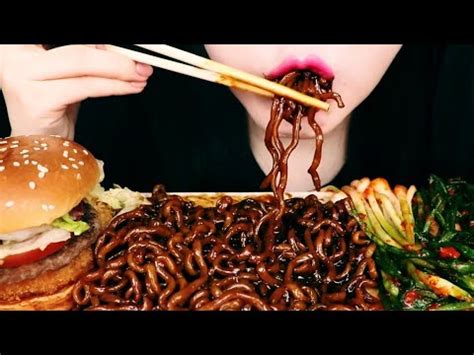 ASMR Black Bean Noodles Hamburger Kimchi Eating Sounds No Talking Jane