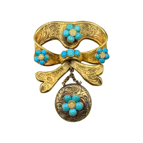 Antique Persian Turquoise Locket Brooch Pin Forget Me Not Bow Motif Victorian For Sale At