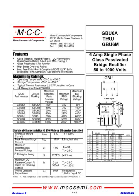 GBU6G Datasheet PDF Stock And Price MCC Rectifier Distributor