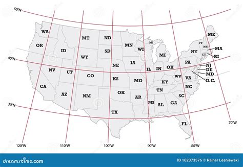 Administrative Map United States With Latitude And Longitude Stock