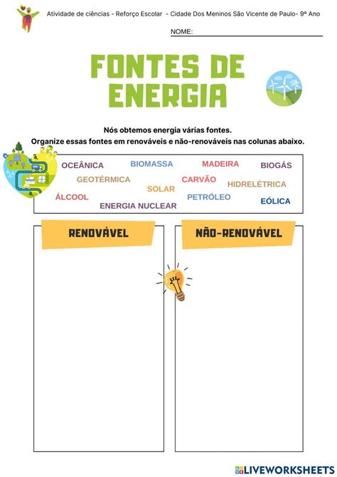 Fontes renováveis e não renováveis de energia worksheet