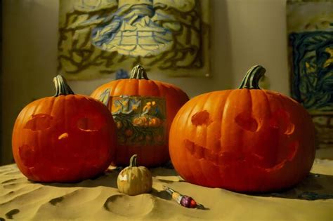 Premium Ai Image Three Carved Pumpkins Sitting On Top Of A Table