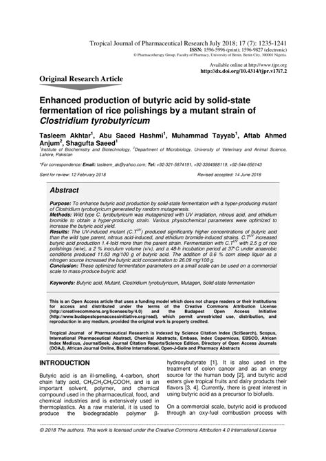 PDF Enhanced Production Of Butyric Acid By Solid State Fermentation