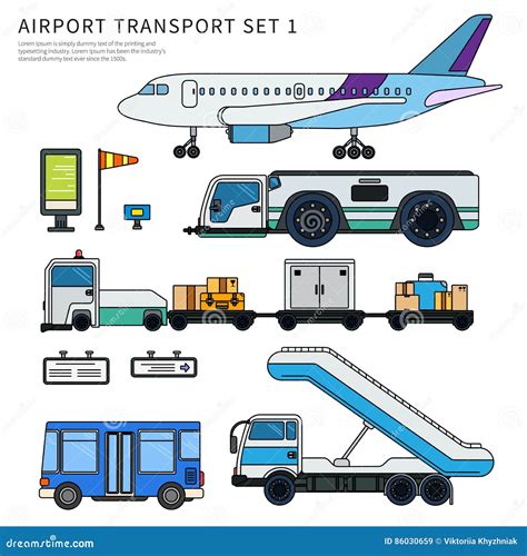Types of Airport Working Transport Isolated on White Stock Vector