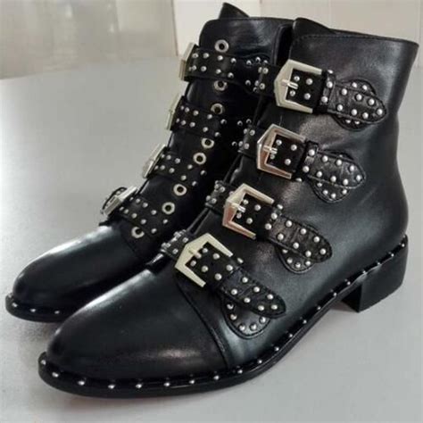 Genuine Leather Boots Rivets And Buckles Low Heel Ankle Boots Rock