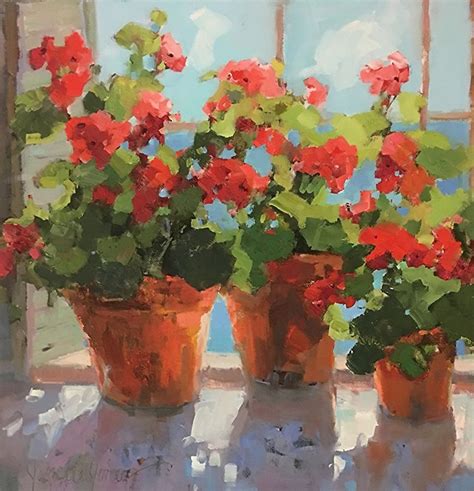 Red Geraniums Sunny Window By Janette Jones Oil 20 X 20 Watercolor