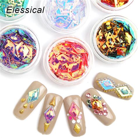 Elessical 6pcs Holographic Rhombus Nail Art Decorations Acrylic Powder