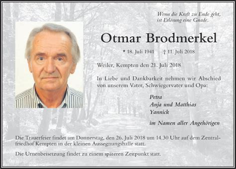 Traueranzeigen von Otmar Brodmerkel Allgäuer Zeitung