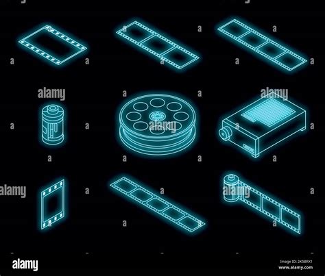 Filmstrip Icons Set Isometric Set Of Filmstrip Vector Icons Neon On