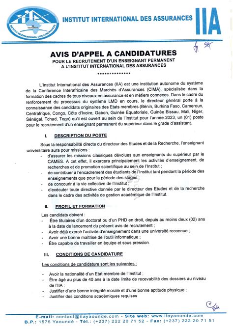 Avis D Appel A Candidatures Pour Le Recrutement D Un Enseignant