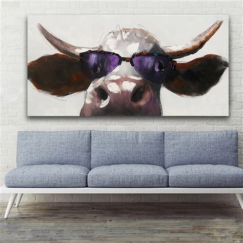 Hand Painted Cartoon Animal Oil Painting Cool Glass Cow Modern Abstract ...