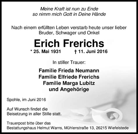 Traueranzeigen Von Erich Frerichs Nordwest Trauer De