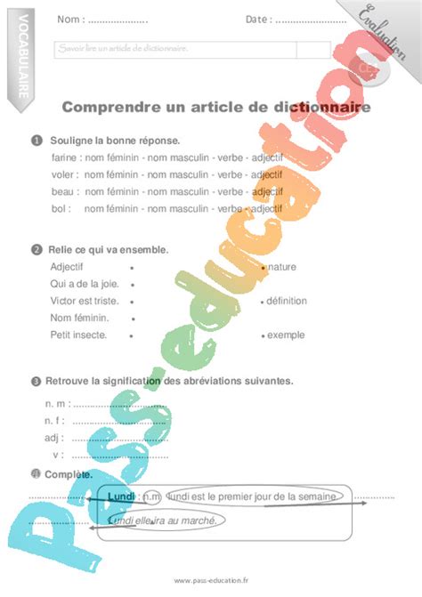 Ordre alphabétique Dictionnaire CE1 Cycle 2 Exercice évaluation