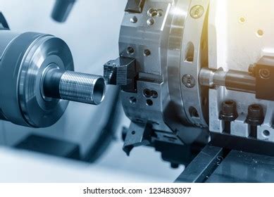 Cnc Lathe Turning Machine Cutting Thread Stock Photo